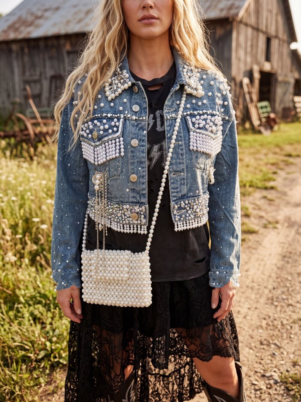 (2 items) Embellished Pearl Sequin Fringe Jean Cropped Jacket L & Pearl Bag